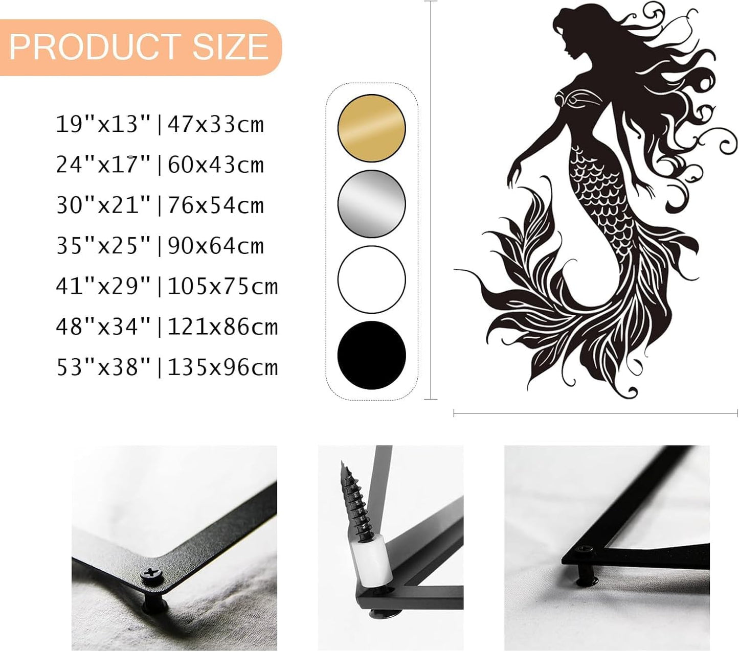 Veplsur Mermaid Metal Wall Art, Metal Mermaid Wall Decor, Marine Biology Wall Decor, Ocean Wall Art, Nautical Wall Hanging, Beach Hanging for Bathroom Bedroom (Silver, 48"x34"|121x86cm)