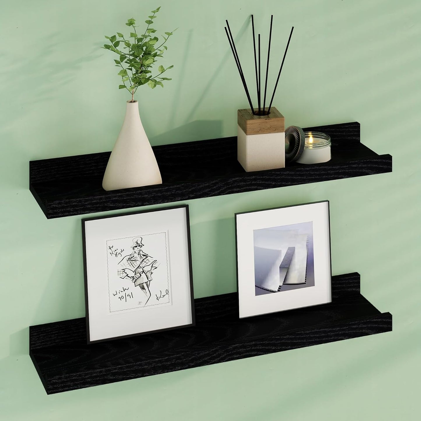 Floating Picture Ledge Shelves 24 Inch Solid Oak Wood Set of 2, Rustic Wall Storage Shelves with Lip, Kids Bookshelf, Photo & Picture Ledge Shelves for Bedroom, Living Room, Kitchen