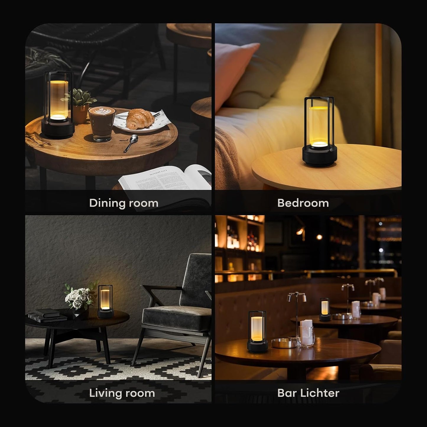 Portable Metal Table Lamp for Indoor/Outdoor ,Rechargeable Cordless LED Lamp, 3-Colour Infinitely Dimming Battery Powered Small Desk Lamp, Restaurant/Bedroom/Bar/Coffee/Camping Light (Black Set of 2)