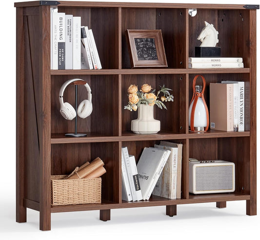 9 Cube Bookcase, Farmhouse 47 Inch Wide Brown Walnut Bookshelf, Wooden 3 Tier Display Large Open Book Shelf, Vintage Horizontal Book Case for Home Office, Cubby Storage Cabinet for Living Room