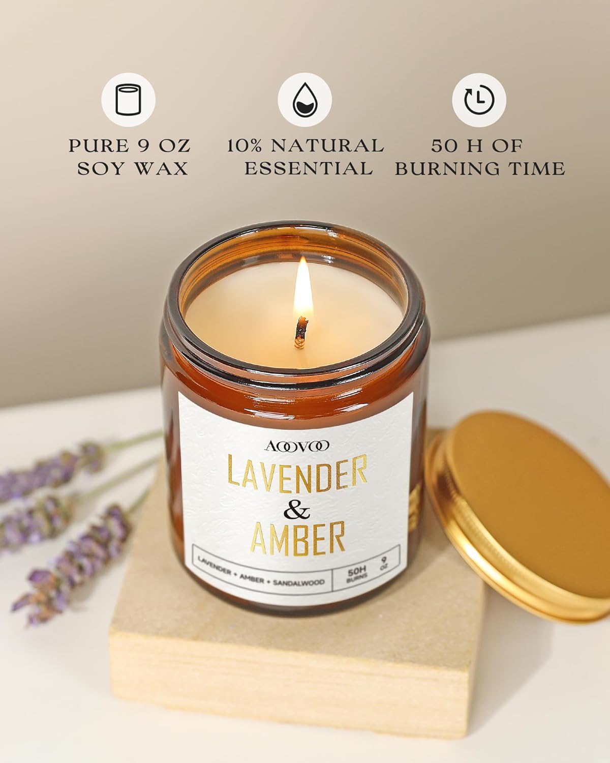 AOOVOO Lavender Amber Candles - 9 oz Scented Candles, Aromatherapy Candle, Soy Candle for Home Scented