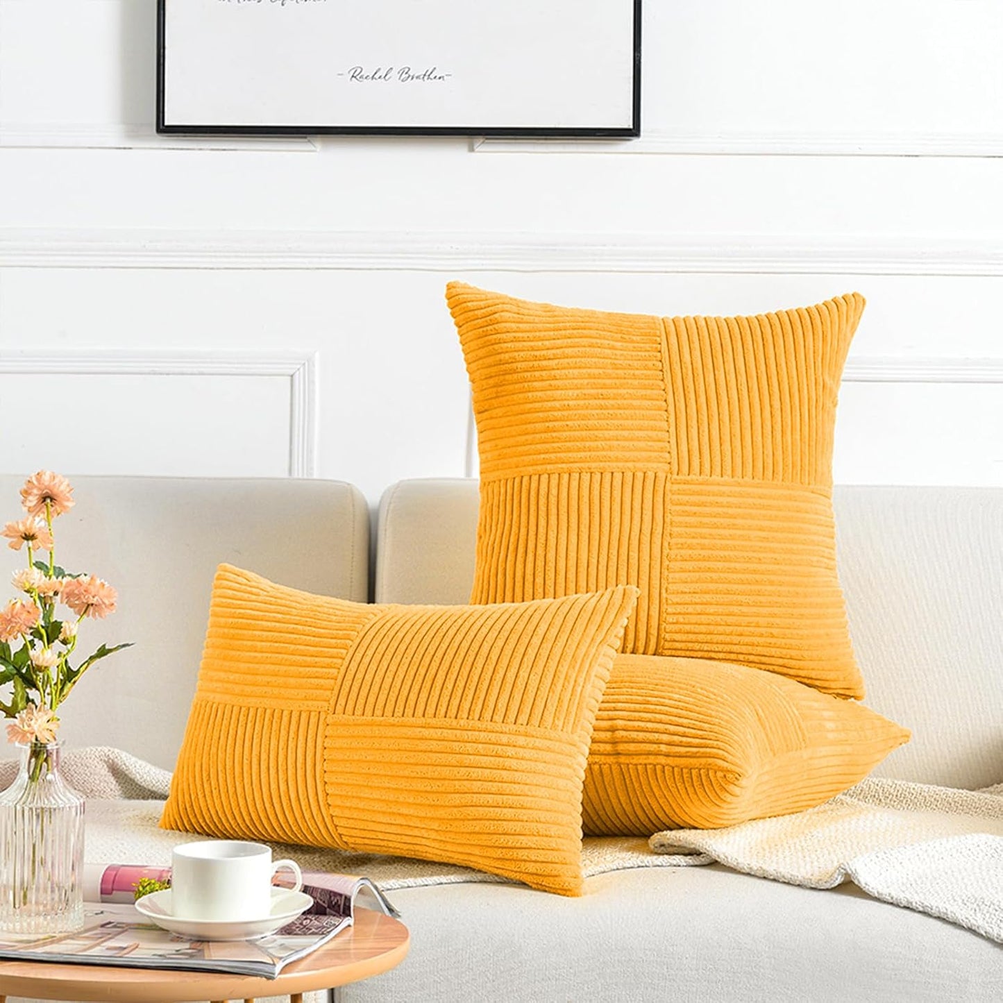 Fancy Homi 2 Packs Gold Yellow Big Decorative Throw Pillow Covers 24x24 Inch for Couch Bed Sofa, Rustic Farmhouse Boho Home Decor, Soft Corss Corduroy Patchwork Accent Square Cushion Case 60x60 cm