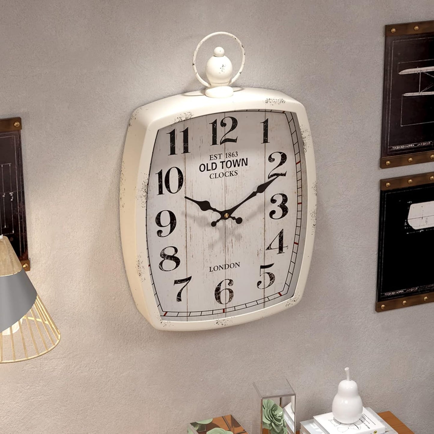 Menterry Rectangle Retro Large Wall Clock, Old-Fashioned Vintage Design, White Antique Style, Battery Operated Silent Decor Wall Clocks for Farmhouse,Kitchen,Office (15.5" H x 10.2" W)