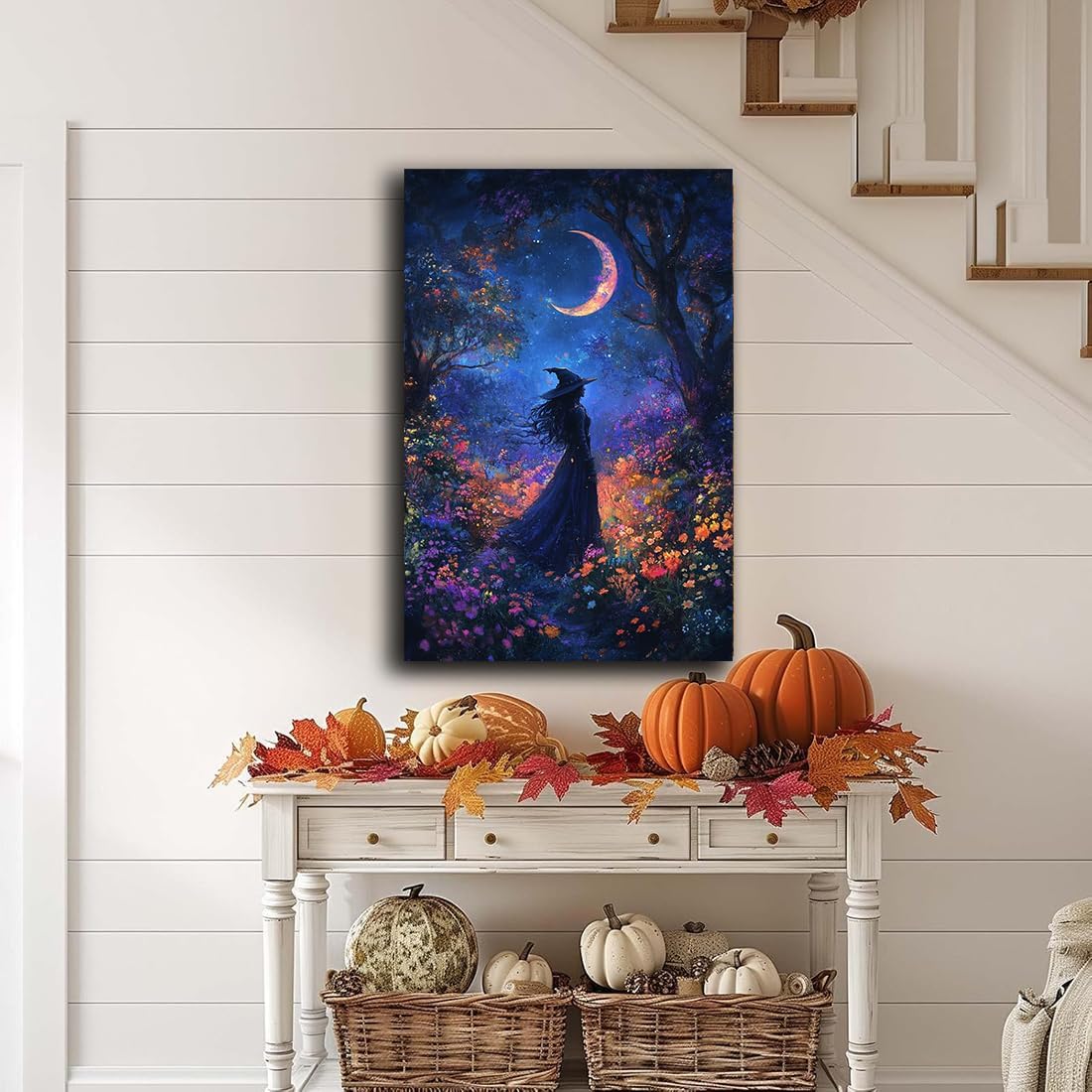 Vintage Halloween Witch Decor Mystic Gothic Wall Art Poster,Enchanting Witch Fall Whimsical Wildflowers Woodland Forest Crescent Moon Picture Art,Creepy Witchy Home Decor,8"x12" Framed