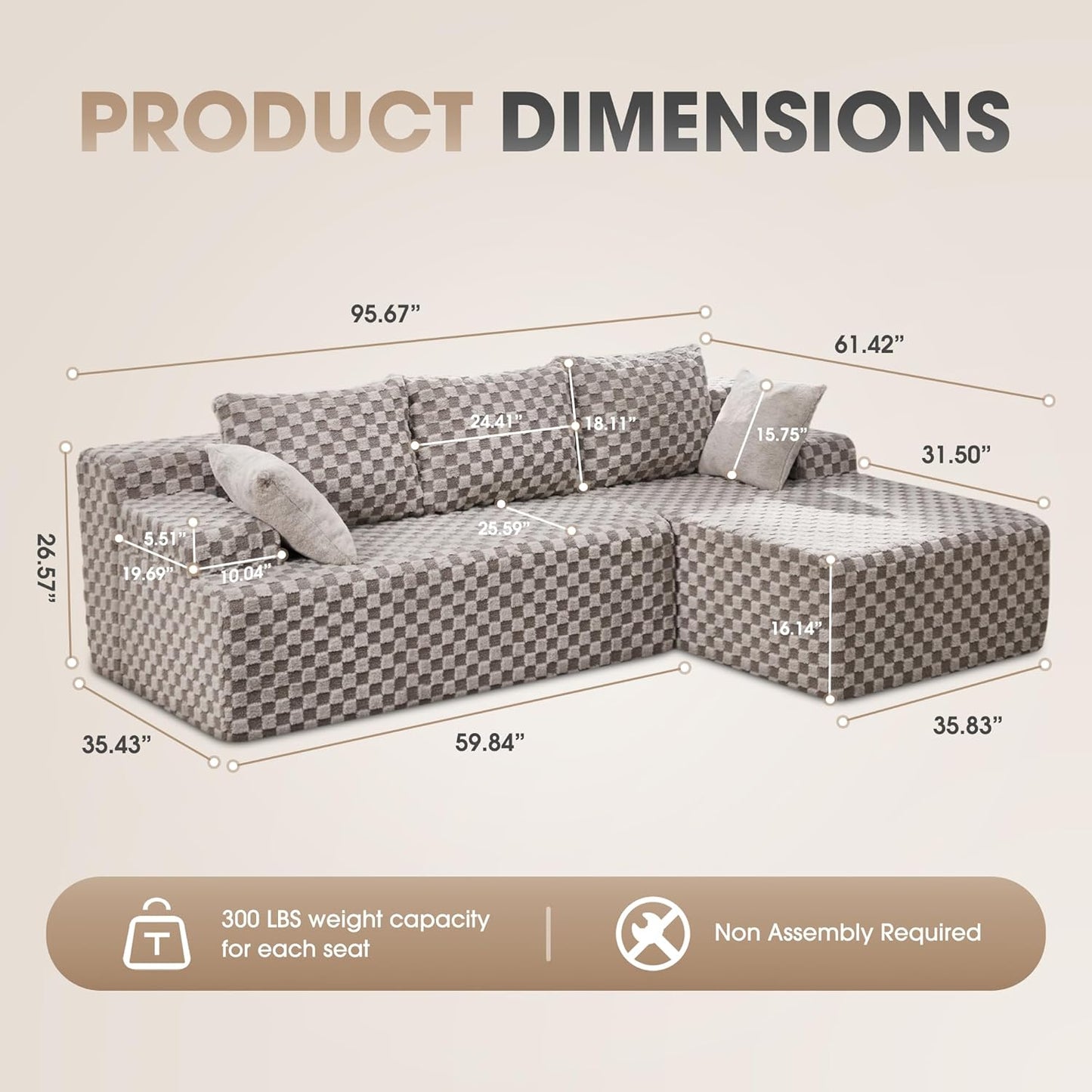 Hobestluk 96“ Modular Sectional Sofa Couches L-Shape Couch 3 Seat Modular Sofa Memory Foam Sectional Couches for Living Room, Cloud Couch with Oversized Chaise (Grey, Checked (Right Facing Chaise))