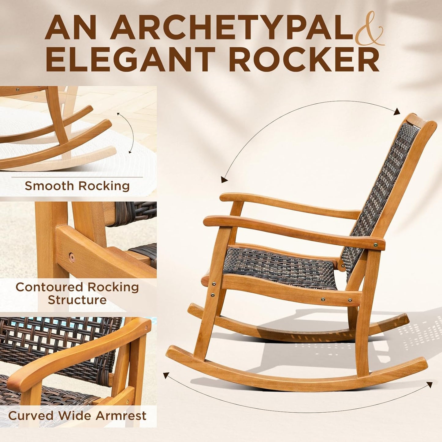 IDZO Wood Wicker Rocking Chair, 400 lbs Capacity, Durable Eucalyptus Wood, Natural Finish, Comfortable Curvy Design, Ideal for Deck, Patio Furniture, and Outdoor Furniture Accent Chair