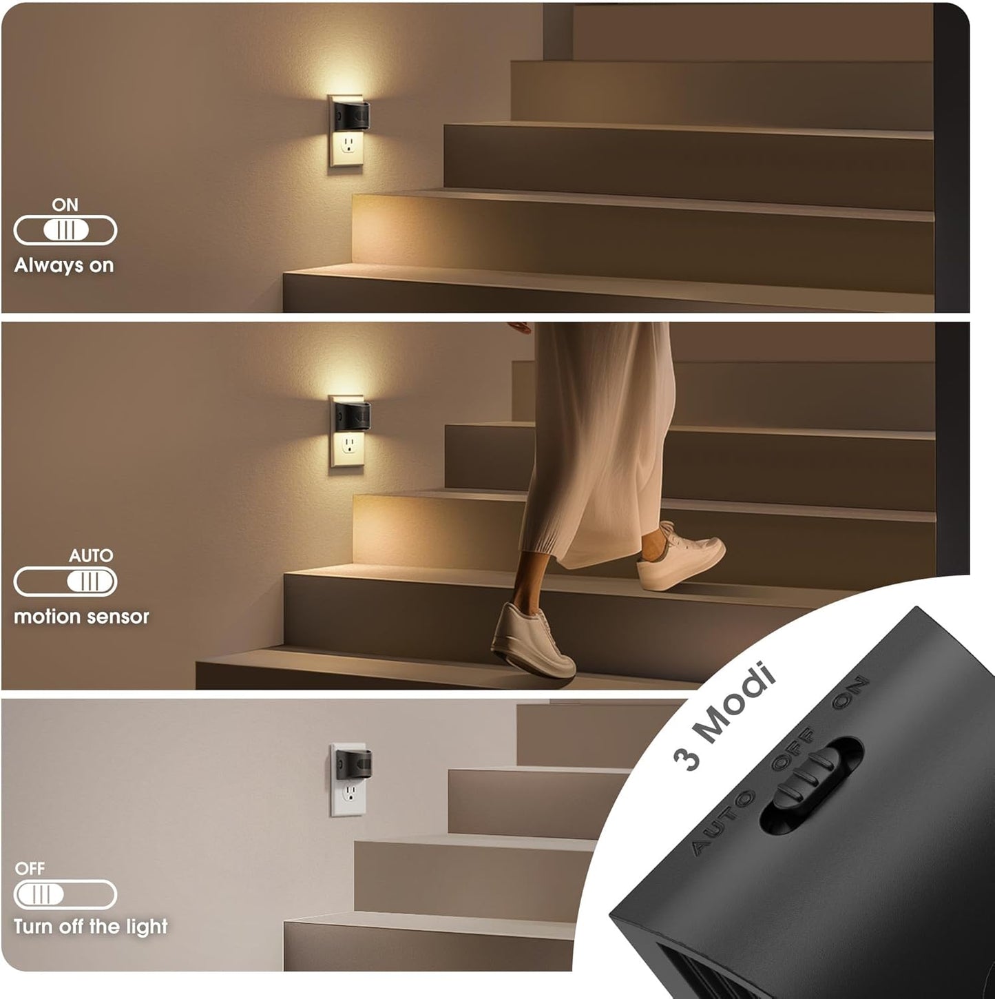 JandCase Motion Sensor Night Light, Night Lights Plug into Wall, Dusk to Dawn Sensor Nightlight with Motion Activated, 30/60/100lm Brightness Dimmable, 3000K Warm White[4 Pack]