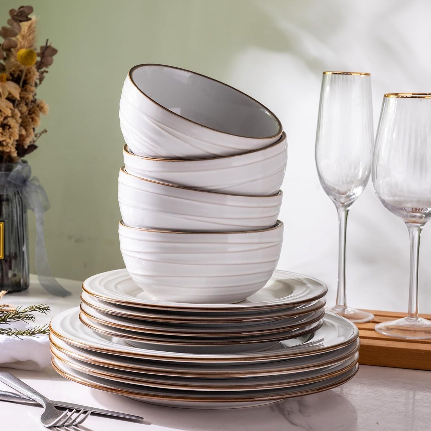 GBHOME Ceramic Dinnerware Sets,18 pcs Embossed Elegant Stoneware Plates and Bowls Sets, Housewarming Wedding Gift | Dishwasher & Microwave Safe | Dishes Set Service for 6