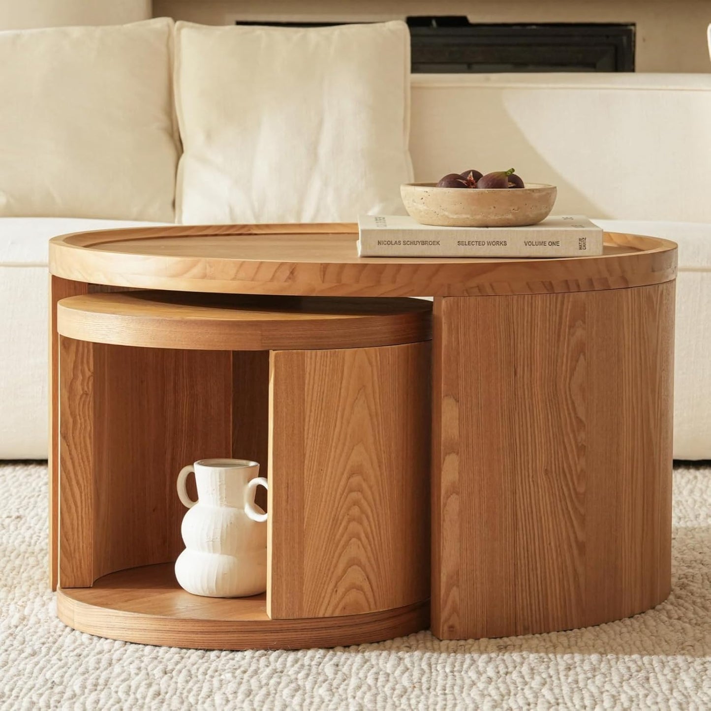 Round Nesting Coffee Table Set of 2,31.5" Large & 18" Small Low Tables with Wood Look Top,Space-Saving Side Tables for Living Room,Bedroom,Office,Minimalist Center Table Set (Brown, L+S)