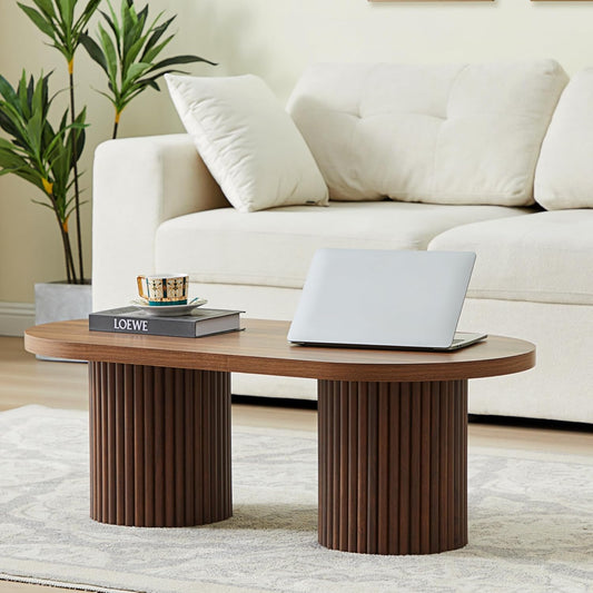 Oval Fluted Coffee Table, Farmhouse Wood Coffee Table Mid Century Modern Center Table Boho Living Room Tables for Living Room Office (Walnut, 19.69" D x 39.38" W x 13.78" H)
