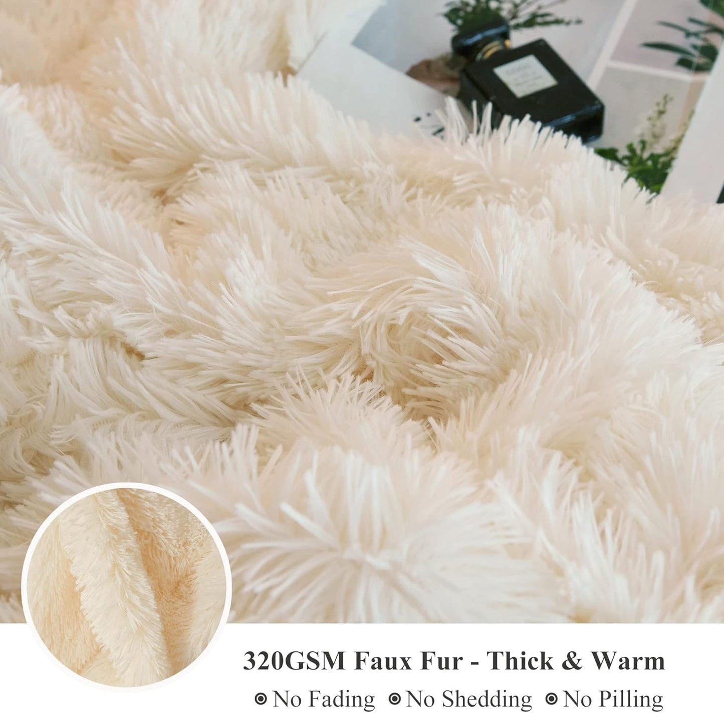 XeGe Luxury Faux Fur Throw, Ivory Soft 50x60 Fluffy Blanket, Ivory Shaggy Plush Decorative Couch Throw, Cute Furry Fuzzy Office Lap Blanket for Bedroom Living Room Beige