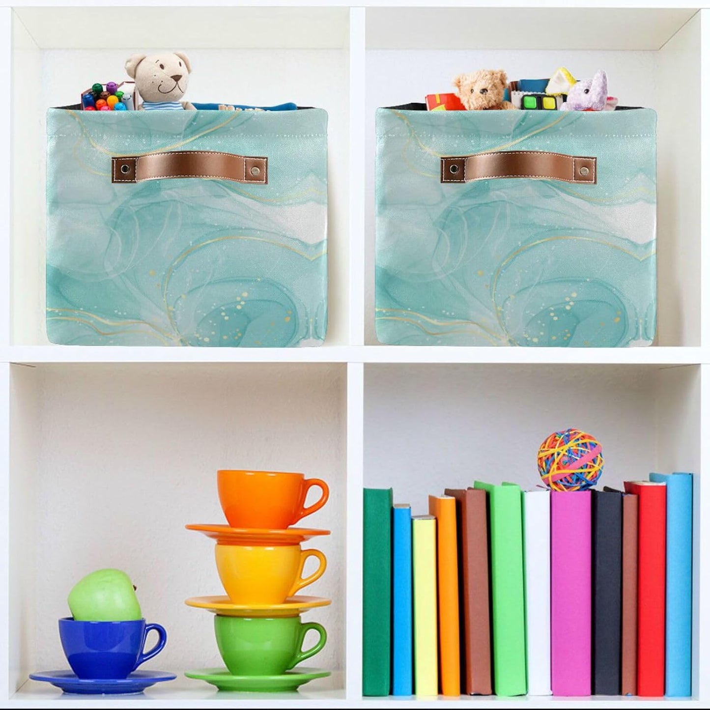 susiyo Large Foldable Storage Bin Storage Baskets for Shelves Storage Bins for Organizing Shelf Nursery Toys Decorative Linen Fabric Bins Cube with PU Handles 1 Pack,Green Marble