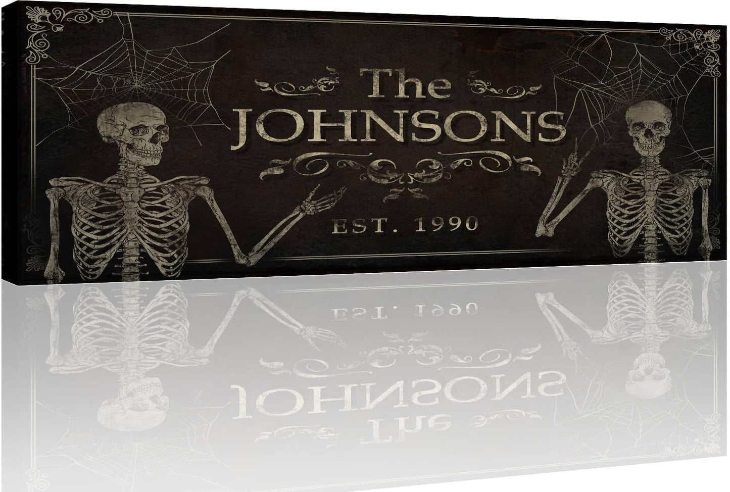 Tailored Canvases Gothic Family Wall Decor - Personalized Grunge Vintage Skeleton Room Decor for Home, Halloween Lovers, Men & Women for Bedroom, Living Room - Goth Spooky, Custom Couple Name, 48"x16"