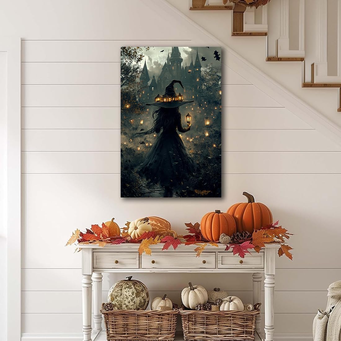 Halloween Witch and Haunted House Canvas Wall Art,Dark Academia Scary Witch Castle Posters Prints,Thriller Horror Gothic Wall Decor Pictures for Halloween Party House Decoration,20"x30" Unframed