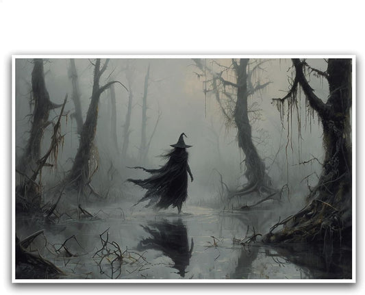 JFHCQJPK Vintage rustic swamp witch poster dark moody wall art gothic horror season halloween print for home decor retro dark moody painting24x36in Frameless
