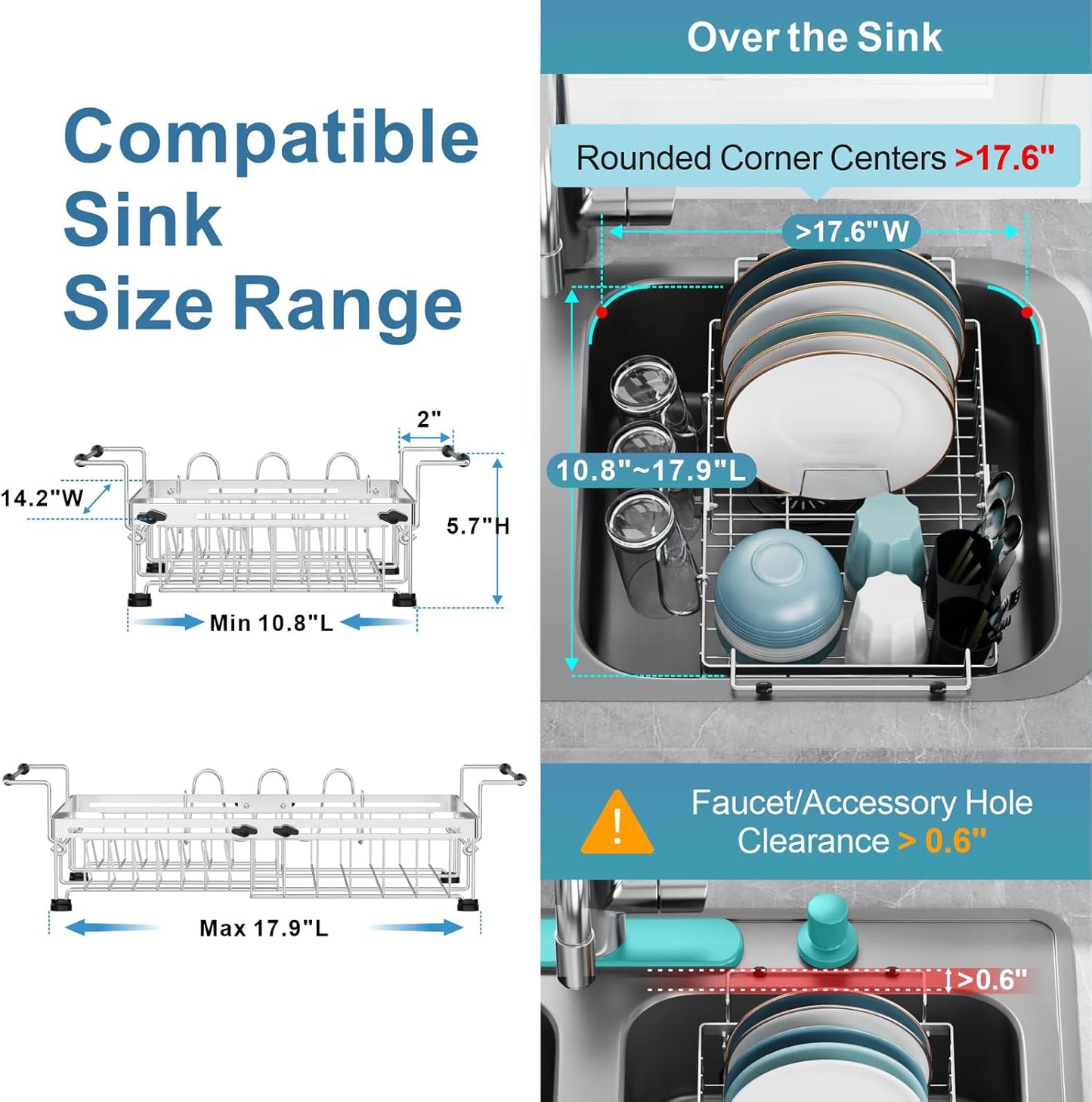 GSlife Expandable in Sink Dish Drying Rack - Capacity Adjustable Stainless Steel Over The Sink Dish Drainer with 2 Cup Holder and Utensil Holder for Kitchen Sink, 10.8"~17.9" L x 14.2" W, Silver