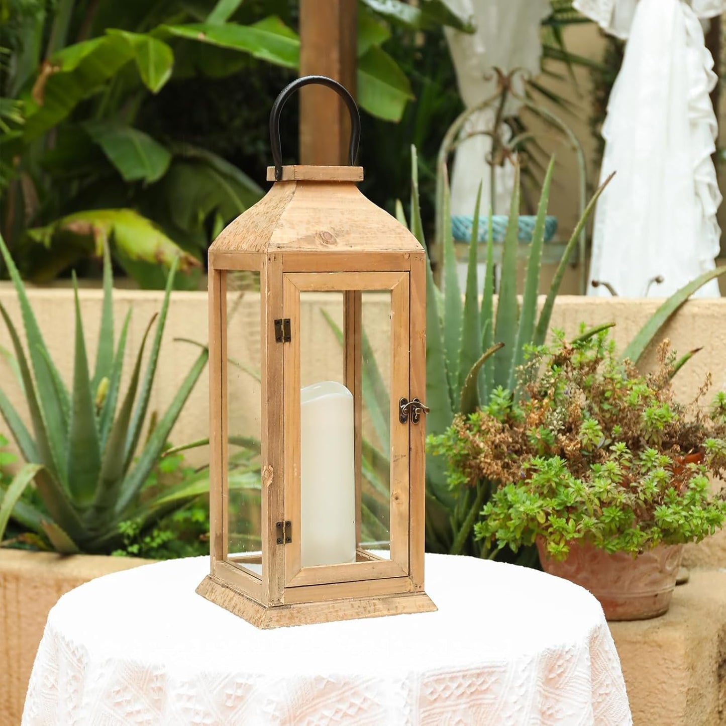 Large New Zealand Pine Lantern With Flameless Pillar Candles - IP65 Waterproof Decorative for Home Decor, Indoor Outdoor, Front Porch, Garden, Farmhouse Style