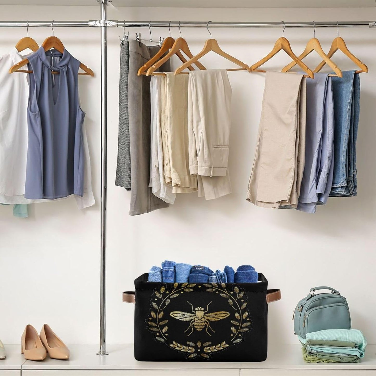 susiyo Storage Baskets for Shelves Organizer Baskets with Metal Frame Closet Storage Bins Fabric Bins Cubes with PU Handles for Organizing Shelf Nursery Toys 1 PACK,Gold Bee Floral