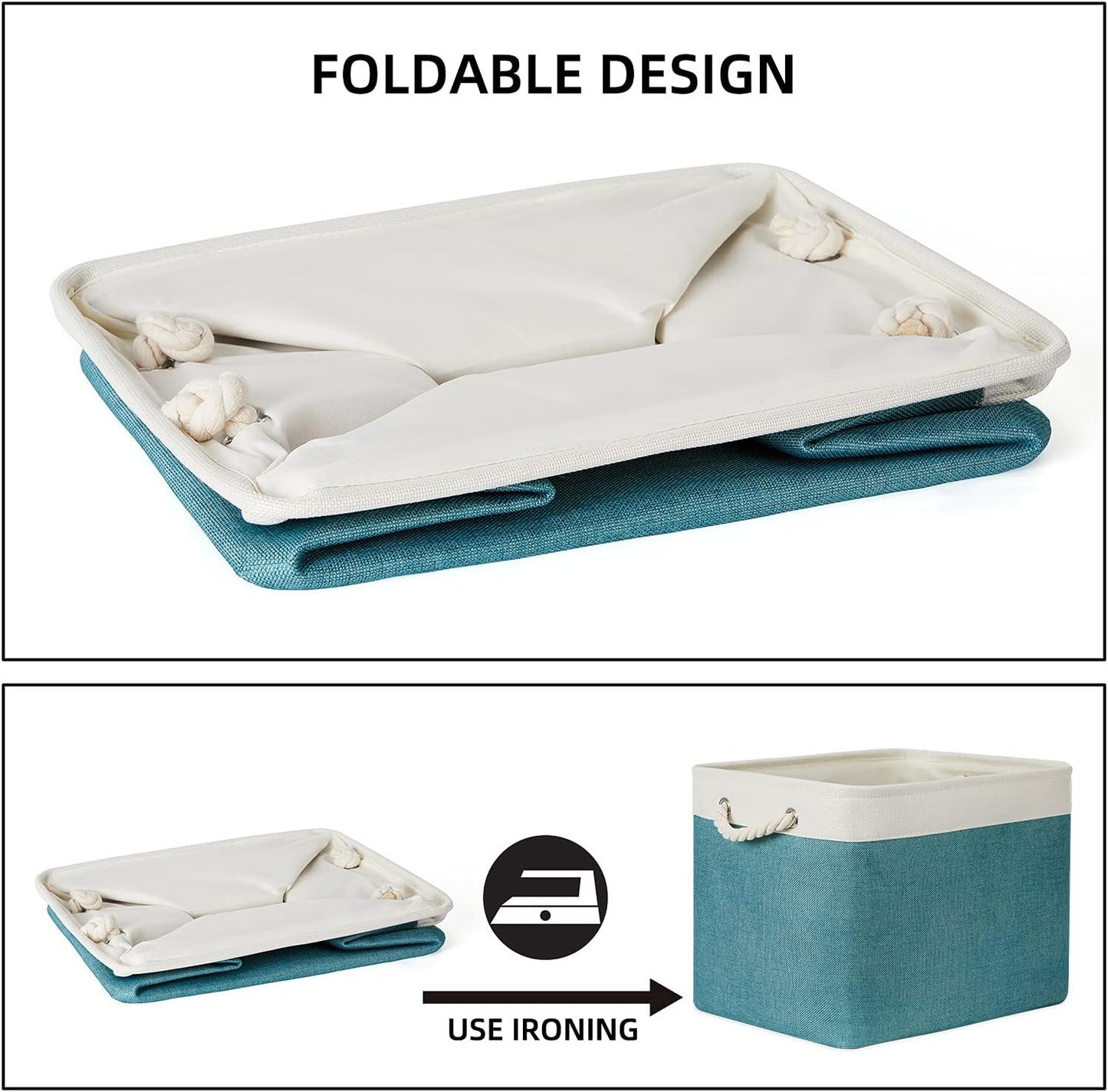 Bidtakay Foldable Storage Bins Set of 2 Tall Cloth Baskets 16" X 11.8" X 11.8" Decorative Organizers for Linen Closet (White & Teal)
