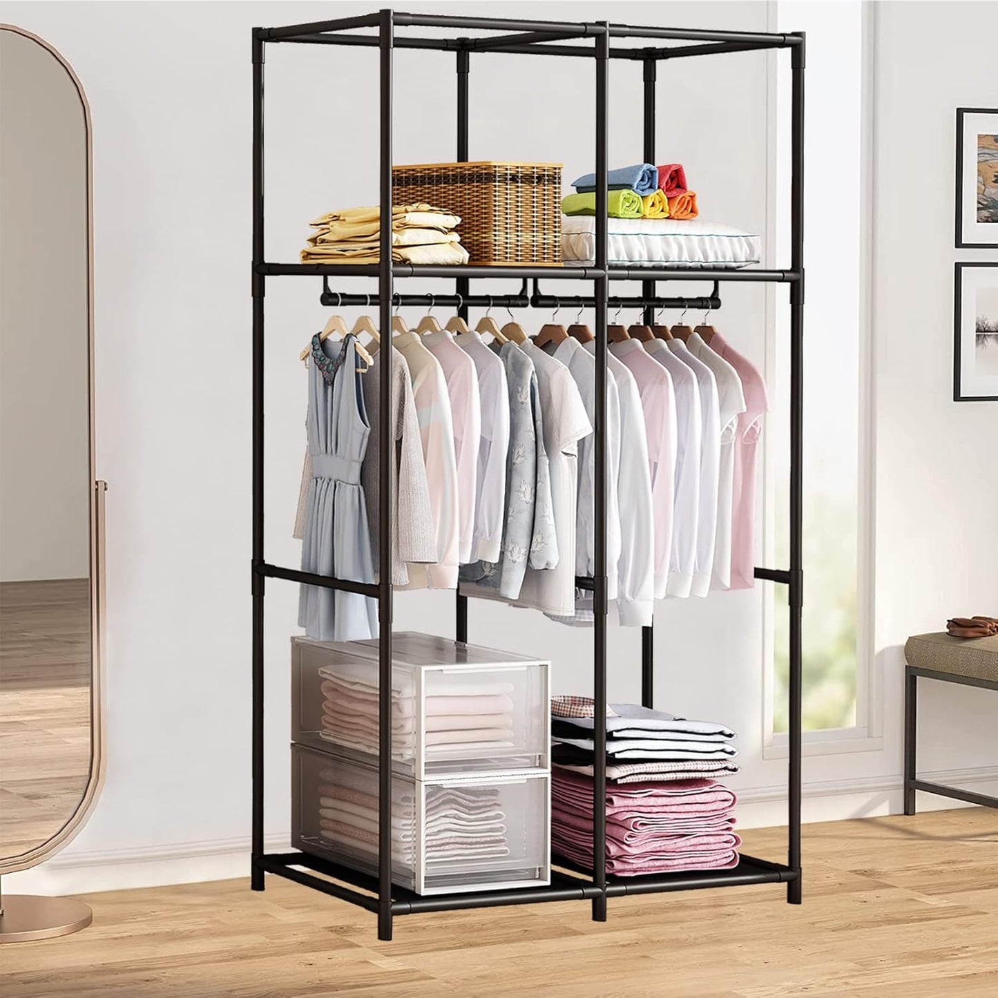 SORCEDAS Portable Wardrobe Closet Storage Organizer Metal Hanging Rack Non-Woven Fabric 34 Inch Coffee (34 Inch, Blue)