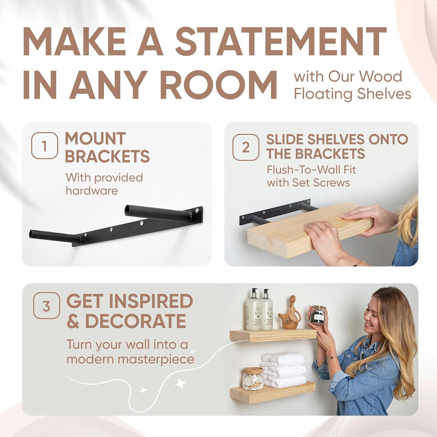 Homeforia 18 inch Wood Floating Shelves, High End Solid Natural Wood 18inch Floating Shelf for Wall Mounted, Unfinished Wooden 18in Floating Shelves, Heavy Duty Bracket, 18 X 6.5 X 1.75 inch, Set of 4