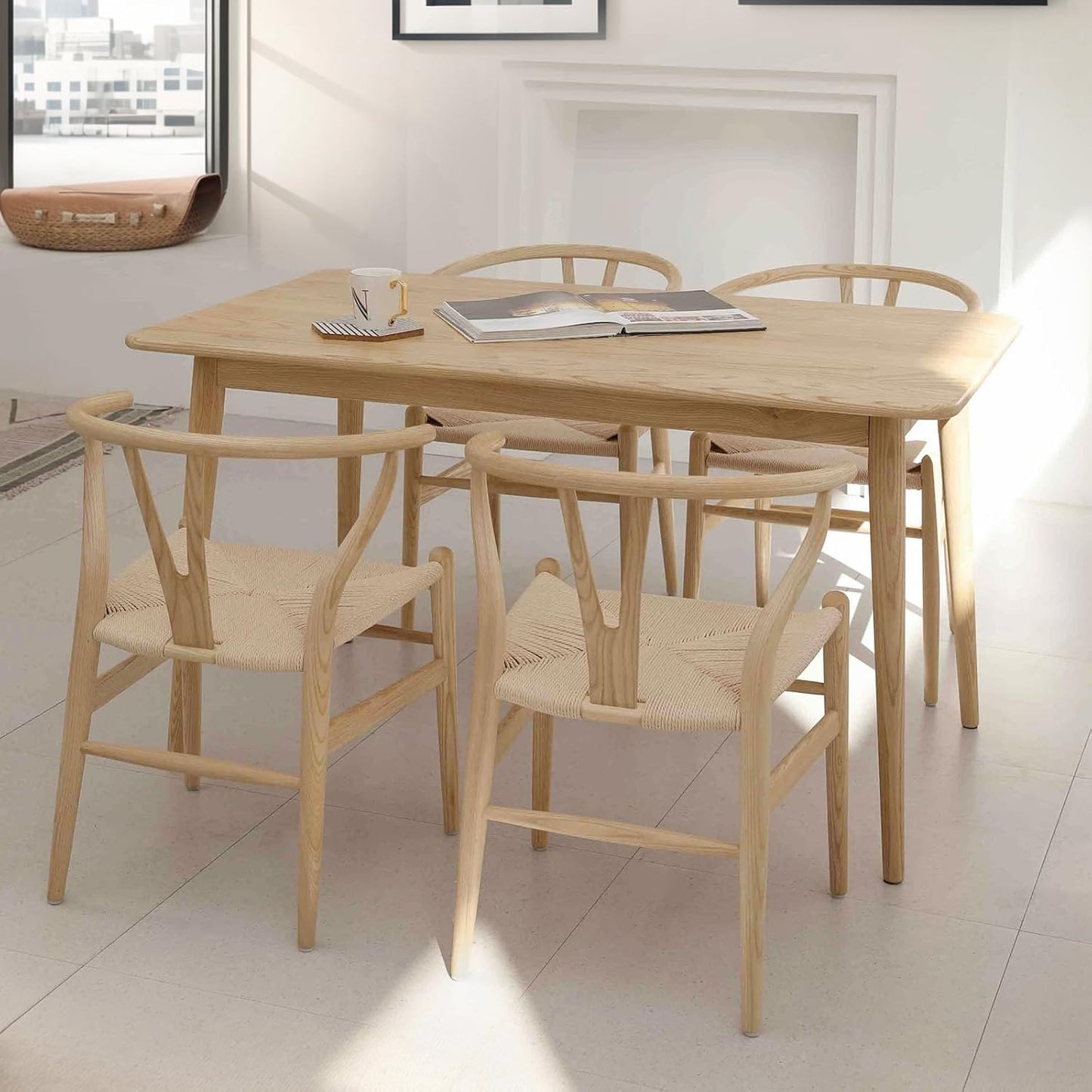 Wishbone Chair Natural Solid Wood Dining Chair/Hans Vegner Y Chair Rattan and Wood Accent Armrest Chairs (Ash Wood + Natural Color)