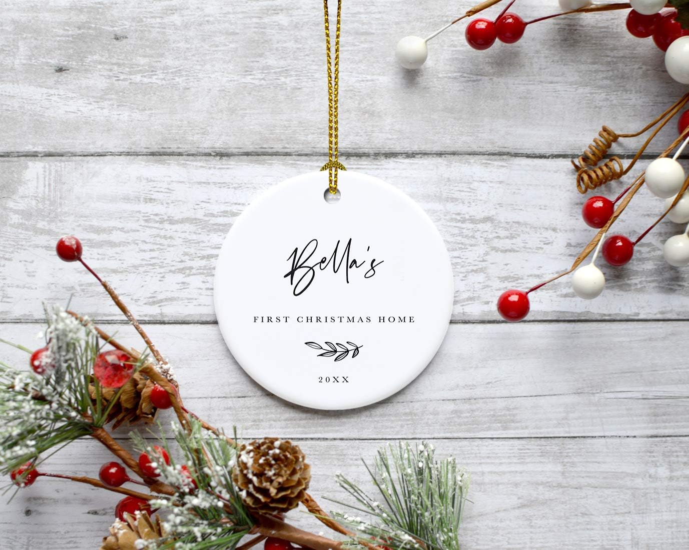 Andaz Press Personalized Dog Cat Pet Adoption Round Ceramic Porcelain Christmas Tree Ornament Engagement Collectible Gift for Baby, Bella's First Christmas Home 2024, Antique Handdrawn, 1-Pack