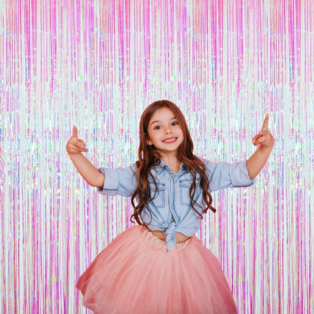 GOER 3.2 ft x 9.8 ft Metallic Tinsel Foil Fringe Curtains Party Photo Backdrop Party Streamers for Birthday,Graduation,New Year Eve Decorations Wedding Decor (Iridescent,3 pcs)