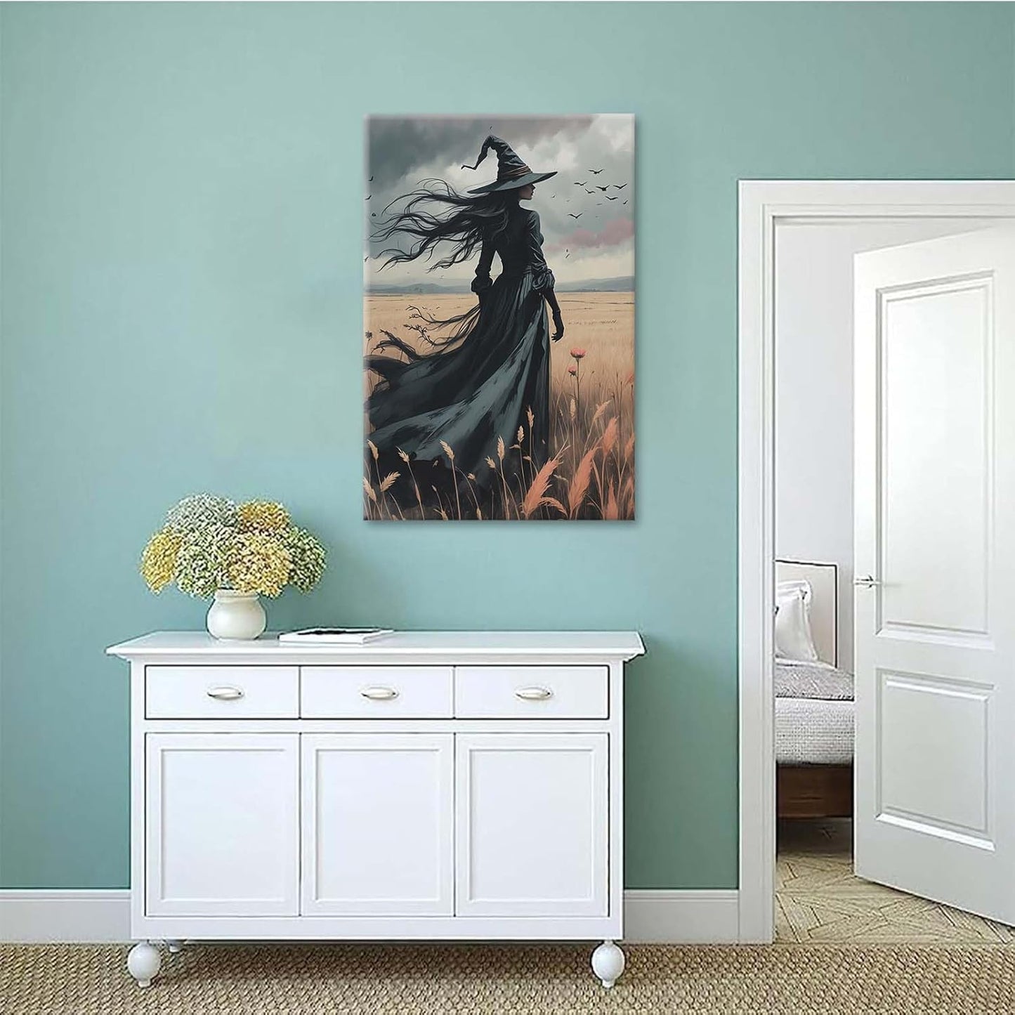 Gothic Decor Canvas Wall Art Witch in Rice Field Halloween Art Decor Print Nature Print Victorian Home Bedroom20x30in Wood Framed