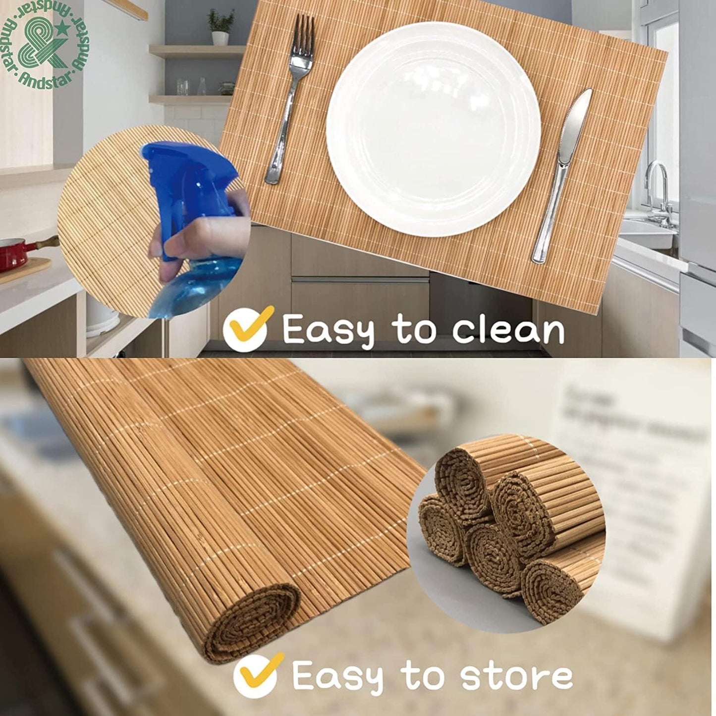 ANDSTAR Set of 12 Pcs Bamboo Placemats - Natural & Brown & Black, Anti-Slip, Heat-Resistant, Washable Table Mats for Dining and Kitchen