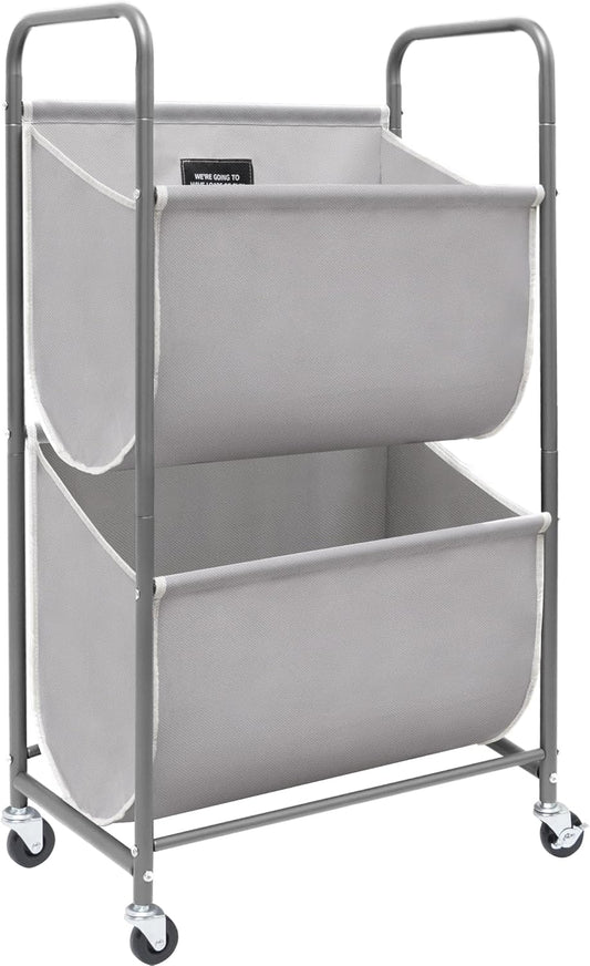 STORAGE MANIAC 80 Liters Vertical Rolling Laundry Hamper, 2 Section Laundry Sorter with Wheels and 2 Breaks, 2-tier Laundry Baskets for Small Space, Dorm, Laundry Room, Closet, Bathroom, Gray 2-tier