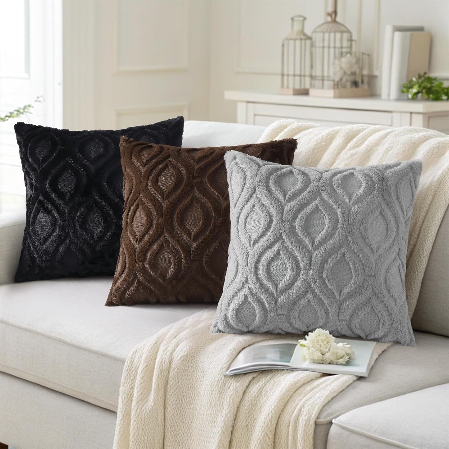 decorUhome Fall Throw Pillow Covers 26x26 Inch Set of 2, Soft Plush Decorative Faux Fur Black Solid Couch Pillow Covers, Accent Farmhouse Neutral Square Euro Pillow Cases for Sofa Bed Living Room