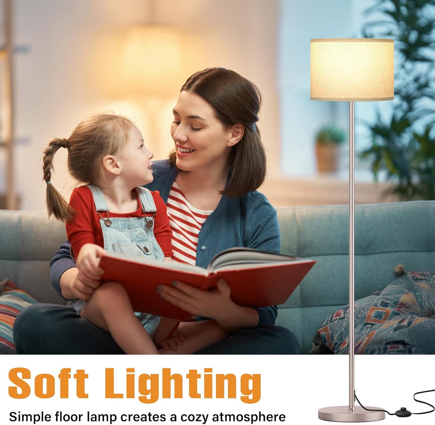 Ambimall 60'' Modern Floor Lamp with Shade, Tall Lamps for Living Room, Bedroom, Office, Dining Room, Beige Shade with Mocha Gold Pole(Without Bulb)