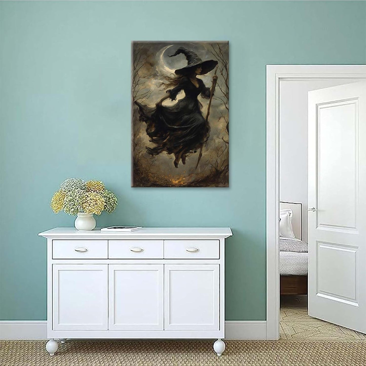 Witch in the Forest Halloween Print Wall Art Poster Witch Decor Vintage Print Dark College Wall Art Victorian Gothic Room Decor Canvas Wall Print24x36in Wood Framed