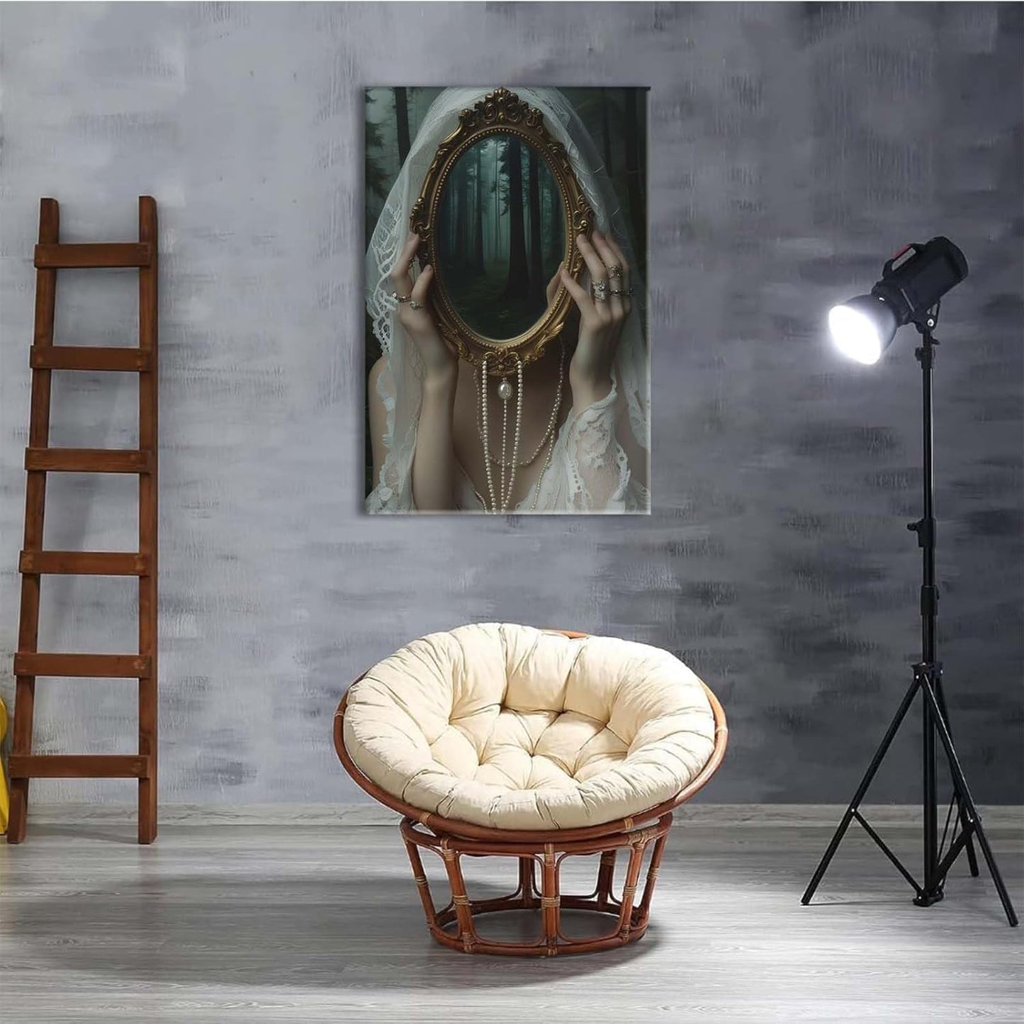Mirror face covering dark art poster print melancholy gothic painting vintage feminine print victorian style decoration antique art28x40in Wood Framed