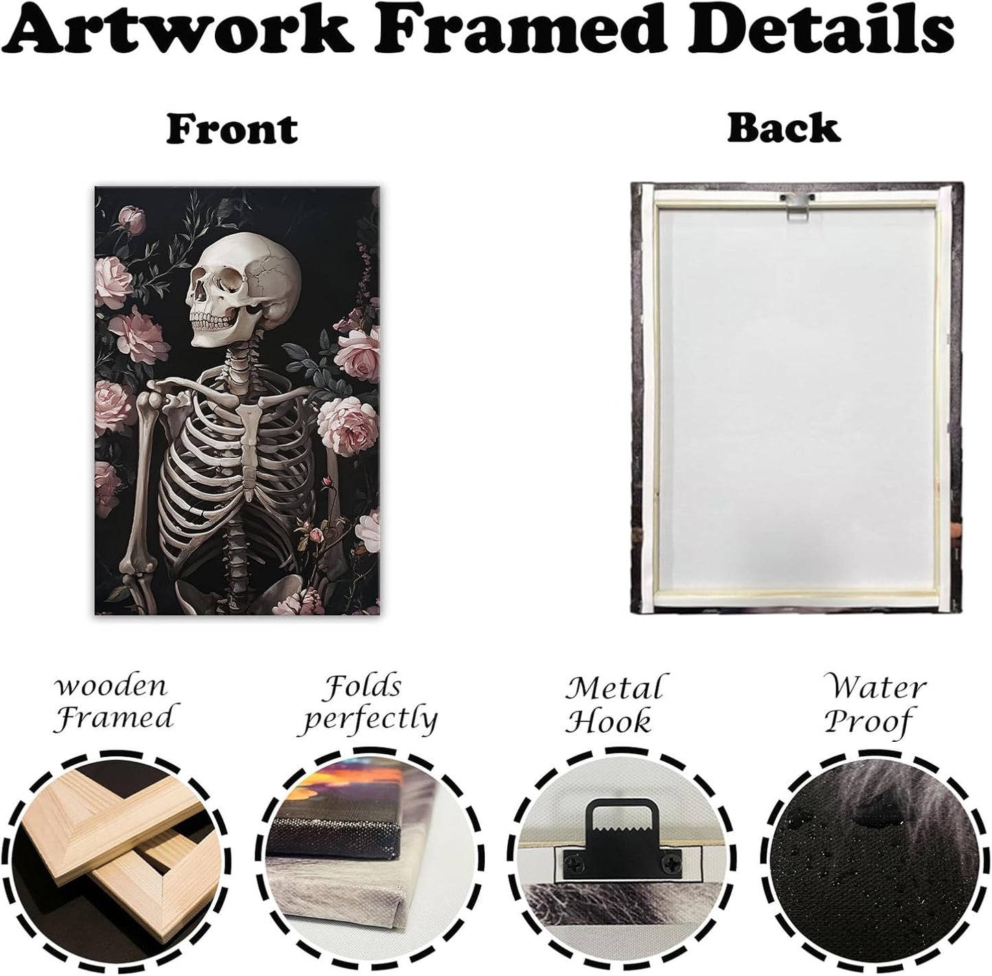 OAAPITI Skull Floral Wall Art Vintage Skeleton Portrait Canvas Print Dark Gothic Skull Art for Living Room Bedroom Home Wall Decor Ready to Hang(Artwork-10,20"x30")