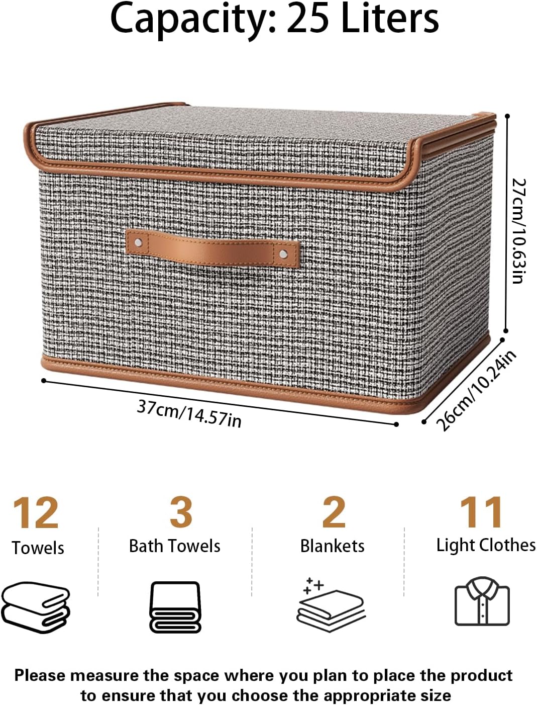 Tuza 2 Pack Storage Bins with Lids, Collapsible Closet Organizer Container, Fabric Organizer Box with Handles, Decorative Storage Boxes with Lids for Organizing Clothes, Blanket, Light Grey, Medium