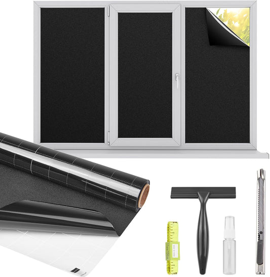 Kromapolis Blackout Window Privacy Film Total Light Blocking Room Darkening Window Covering, Removable Static Cling Frosted Glass Tint, Non-Adhesive, Black 45.2'' x 236.2''
