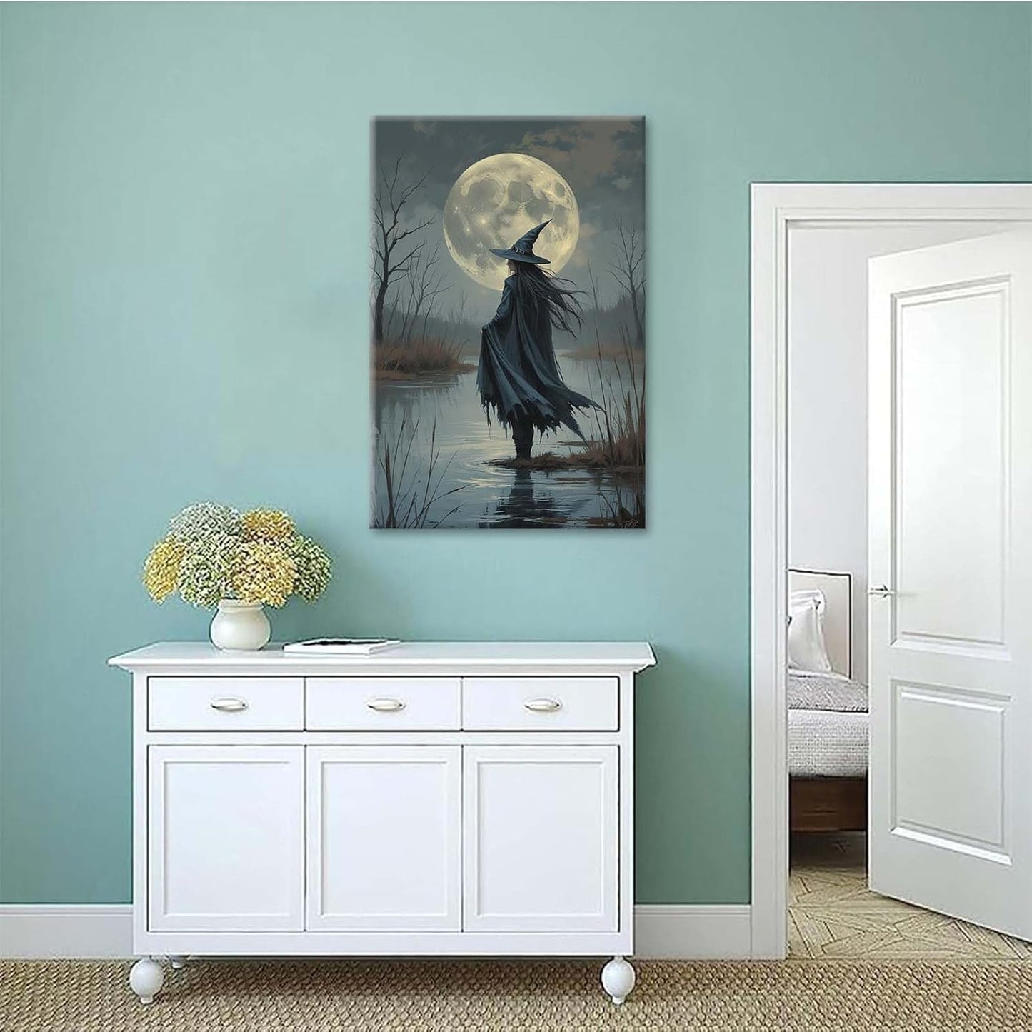 JFHCQJPK Witch in the moonlight magic canvas wall art enchanting Halloween home decor swamp witch silhouette oil painting mysterious gothic aesthetic wall decor print poster8x12in Frameless