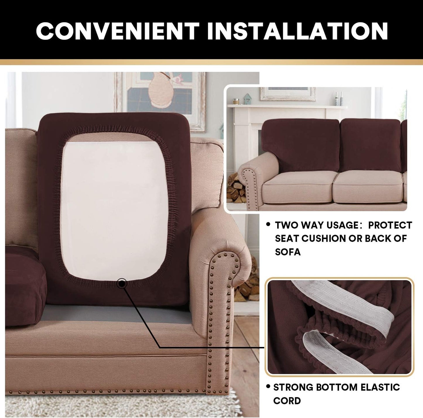 PrinceDeco Velvet Sofa Cushion Covers, Stretch Couch Cushion Covers for Individual Seat Couch Slipcover Sets Furniture Protector for Loveseat Sofa Cushion(Each Width Up to 29.5", Brown)