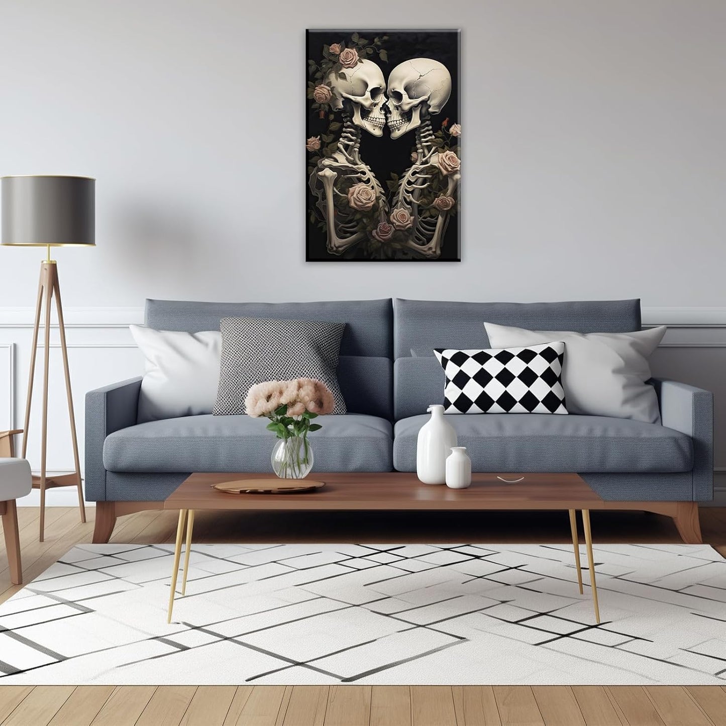 OAAPITI Vintage Skeleton Canvas Wall Art Gothic Painting Artwork Retro Rose Skull Art Poster Abstract Romantic Theme Picture Halloween Living Room Decor(Artwork-4,28"x42")