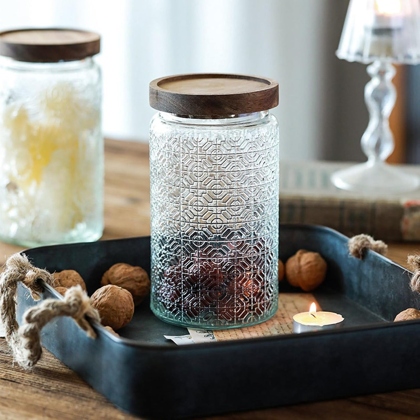 Vintage Glass Jars with Wooden Lids, 34 oz Airtight Glass Food Storage Containers Sets for the Kitchen, Sugar Candy Coffee Cookie Tea Spice Pasta