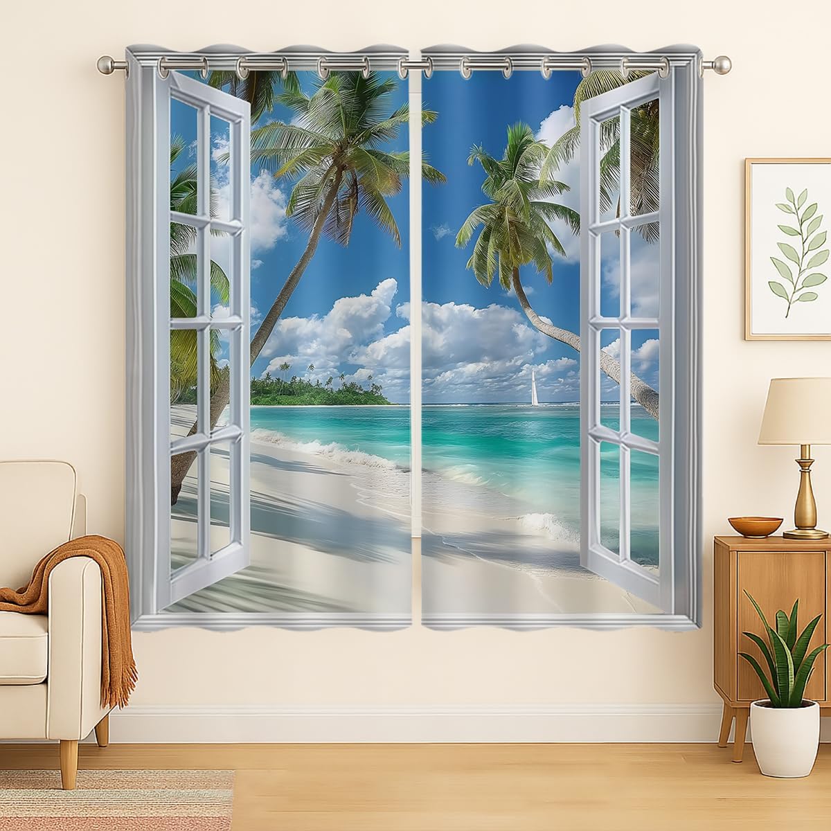 Beach Blackout Curtains for Girls Boys Teens Home Decor, Tropical Summer Scene Ocean Island Palm Tree Grommet Thermal Insulated Drapes Darkening Window Curtain for Bedroom Living Room, 84 x 84 Inch