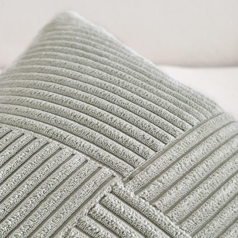 Fancy Homi 2 Packs Grey Long Lumbar Decorative Throw Pillow Covers 16x24 Inch for Couch Bed Sofa, Rustic Farmhouse Boho Home Decor, Soft Striped Corduroy Rectangle Accent Cushion Case 40x60 cm