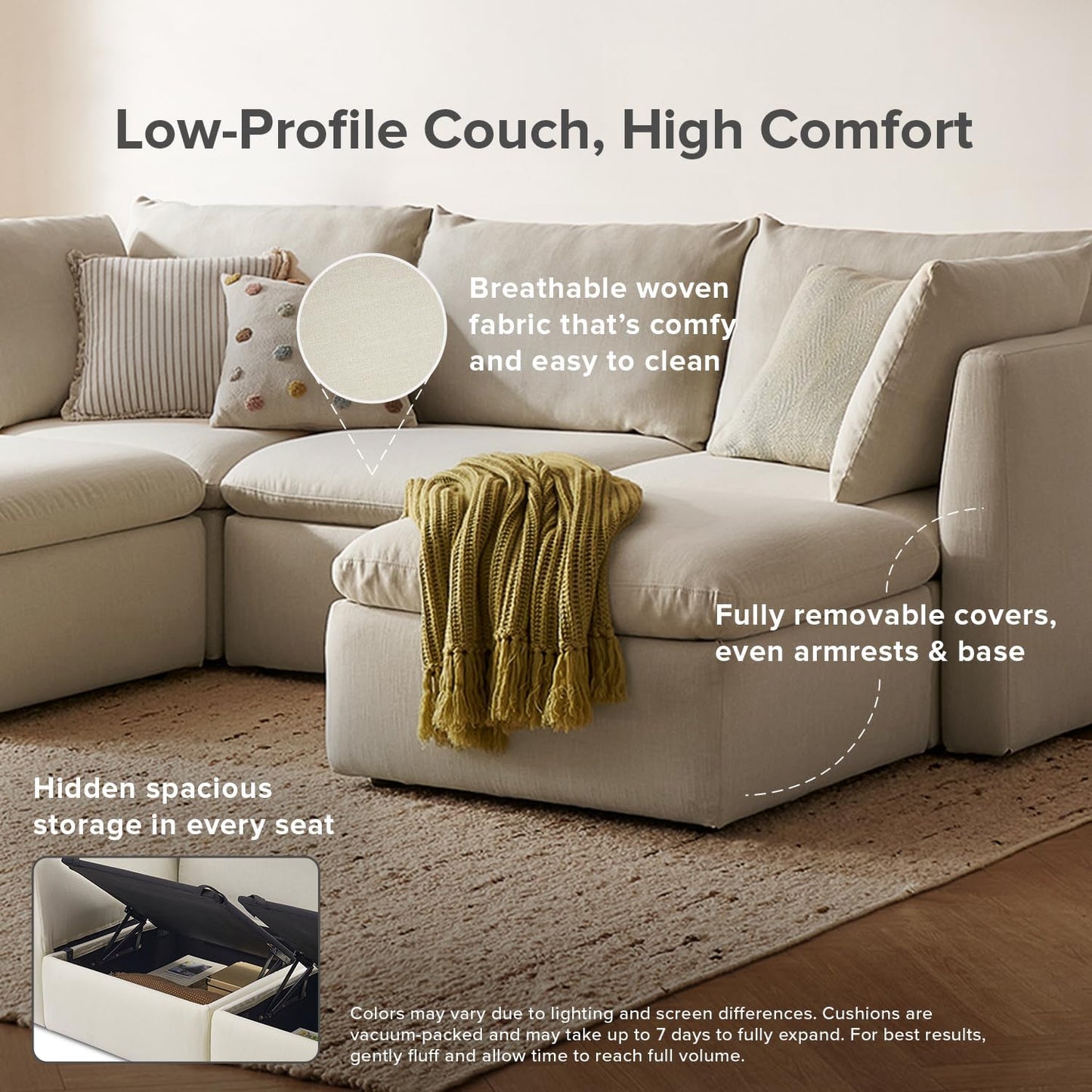 mopio Oversized Modular Sectional Sofa with Fully Removable Covers and Storage, Convertible U, L-Shaped and Sleeper Sectional, Modern Couches with Ottoman Chaise (Oat Fabric, 6 Seats, U)