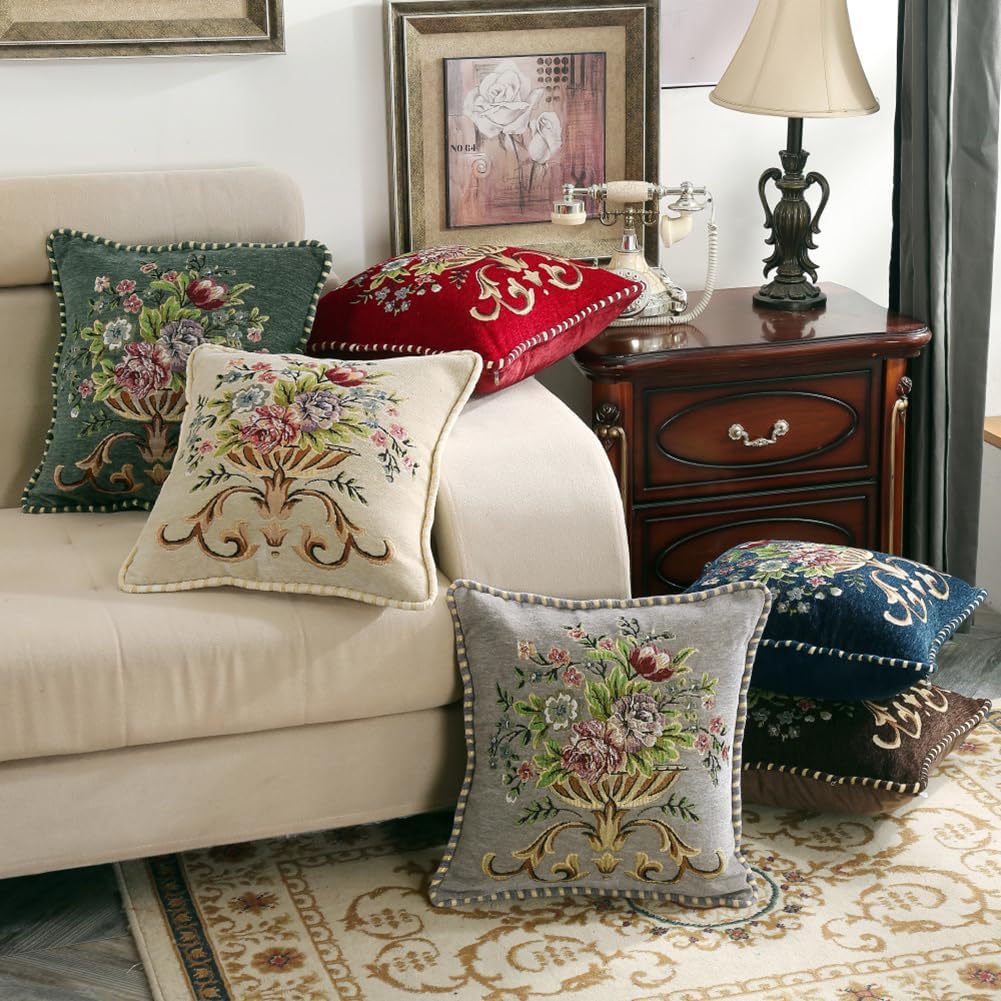 Set of 2 Red Vintage Embroidered Throw Pillows Covers 18x18in Sofa Couch,Red Floral Embroidered Cushion Cover for Sofa Bed Chairs Car