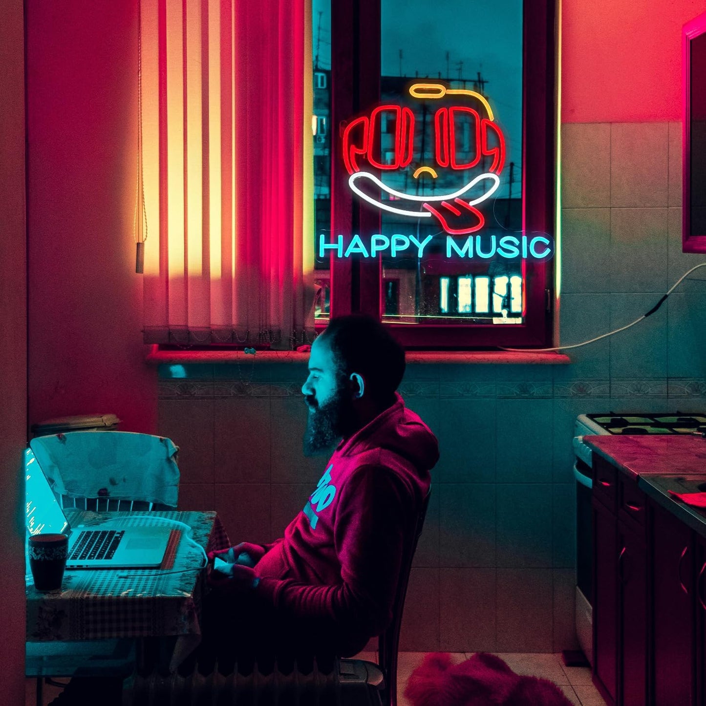 Headphone Neon Sign Dimmable Led Happy Music Neon Light for Wall Decor USB Cute Headset Figure Neon Light Sign for Music Studio Bar Live Music Party Bedroom