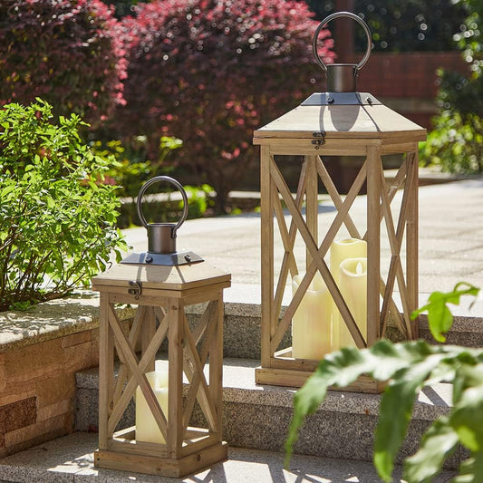 Glitzhome Mondern Farmhouse Wood Metal Lanterns Decorative Hanging Candle Lanterns Set of 2, Natural (No Glass)