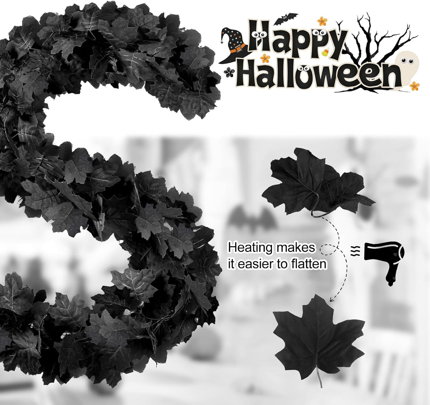 Joyhalo 6 Pack 5.7FT Black Maple Leaf Garland,Halloween Artificial Hanging Black Vines,Halloween Outdoor Garland for Mantle,Door Frame,Fireplace and Thanksgiving Decor
