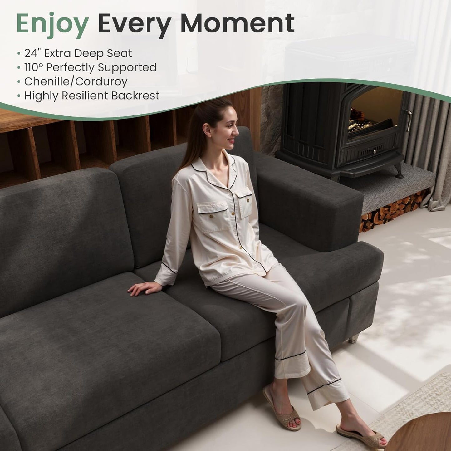 2 Piece Set Comfy Sofa Couch, 2 3-Seater Sofa with Deep Seats, Modern Sleeper Couch for Living Room, Dark Grey Chenille